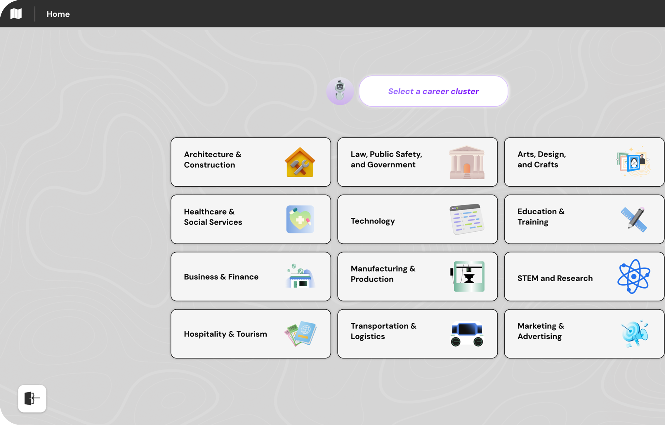 Career clusters selection screen